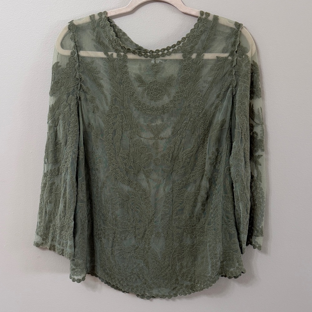 erin london Olive Lace Sheer Long-Sleeve Blouse